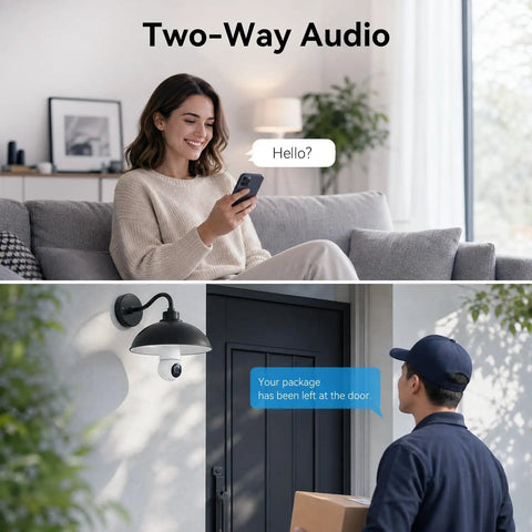 Straight Fire 2K Light Bulb Camera With Full Sweep Panning And Dead Reliable Dual Band Wifi For Home Security featuring a woman using phone with camera monitoring delivery.