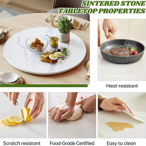 Oversized Marble Lazy Susan With 360 Degree Swivel Rotation Sintered Stone Rotating Serving Tray on modern dining table.