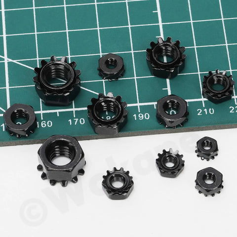 Assorted 75 Piece Stainless Steel K Lock Nuts Set with Tooth Washers Black Finish SAE Lock Nuts on grid background