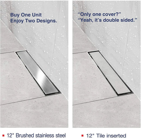 Super Sleek 12 Inch Linear Shower Drain With Brushed Finish And Sweet Tile Insert Cover displayed in two designs.
