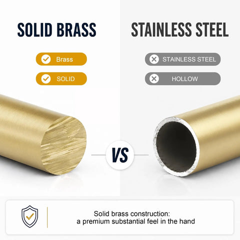 Solid Brass vs Stainless Steel showing solid brass core for Real Deal 5 Pack Solid Brass Cabinet Pulls Featuring A Stunning Brushed Gold Finish.