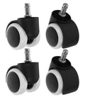 Smooth Operator Replacement Casters For Office And Gaming Chairs With 10mm Circlip Rod and Flawless 360 Spin set of four black and white wheels.