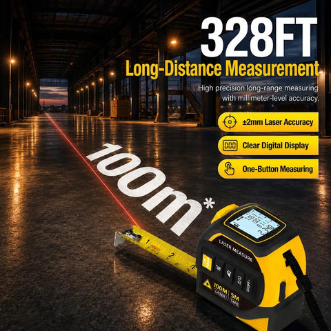 Badass 4 In 1 Laser Tape Measure With 328 Ft Range And 16 Ft Self Locking Blade showing digital display and laser projection in use.