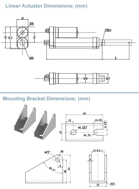 Linear actuator and mounting bracket dimensions; 12V DC Electric Linear Actuator Boasting A Smooth As Silk Two Inch Stroke And Eight Hundred Newtons Of Knuckle Busting Push Power.