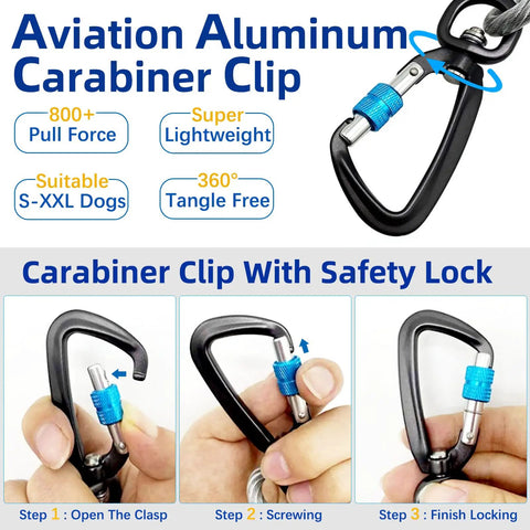 Heavy Duty Dog Tether Zipline Trolley Rig With 50 Foot Vinyl Covered Cable And 10 Foot Smooth Ride Pulley, durable aviation aluminum carabiner clip.