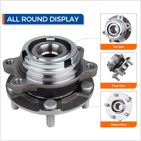 Heavy Duty Front Wheel Hub And Bearing Assembly For Nissan Murano Quest 2003 To 2009 5 Lug Direct Fit Replacement Rock Solid, top and side views.