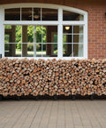 Heavy Duty 8Ft Outdoor Firewood Rack For Backyard Storage, Large Capacity Log Stacking Stand in front of brick wall