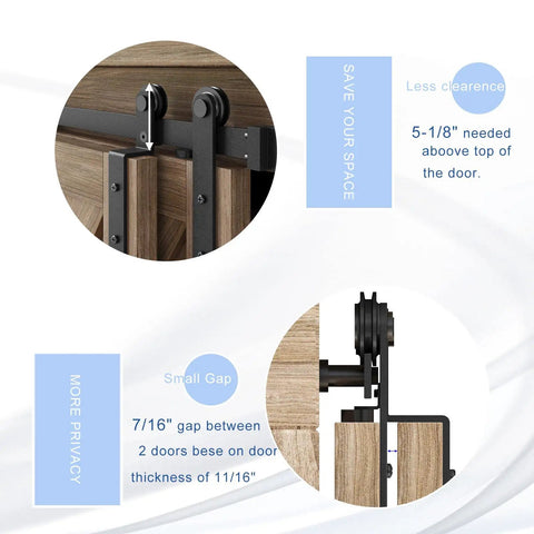 Top Shelf 8 FT Mini Cabinet Bypass Sliding Barn Door Hardware Kit With Slick Steel Tracks Noise Free Carriages And No Fuss Wall Mount Setup For A Sharp Room Upgrade showing hardware details and clearance measurements.