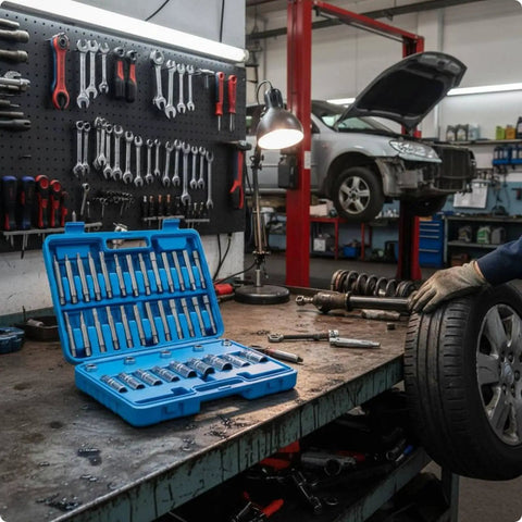 39 Piece Strut Service Kit With Piston Rod Holder And Nut Socket Set For Car Suspension Repair, Heavy Duty Pro Grade Tools, Impact Resistant And Clearly Marked Parts, Includes Durable Carrying Case For Shop Use, blue case open on workbench