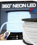 Lit 360 Degree Neon LED Light Strip 32.8ft Waterproof Flexible Dimmable Rope Light with Remote next to packaging