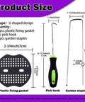 U-Shaped Landscape Stakes and Plastic Fixing Gasket Kit 201-Piece, featuring plastic gasket, pick hook, and garden staples dimensions