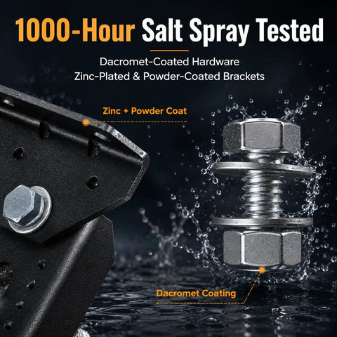 Close-up of dacromet-coated hardware and zinc-plated brackets showcasing 1000-hour salt spray resistance test in wet conditions.