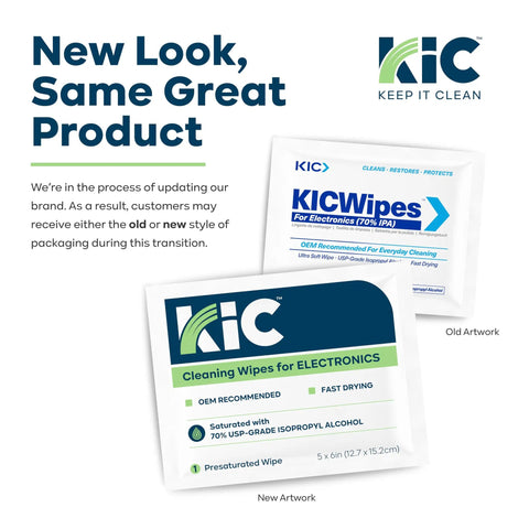 New and old packaging of 70 Percent IPA Presaturated Electronic Cleaning Wipes, 50 Wipes Pack, low-lint, safe for electronics.