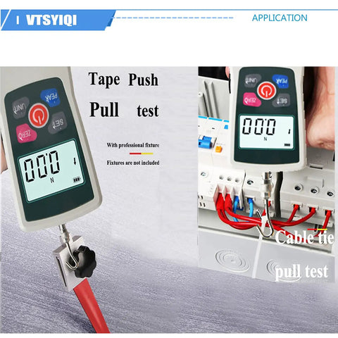 Digital Force Gauge Push Pull Tester Meter Dynamometer LCD Display 300N Capacity testing cable ties with clear readout.