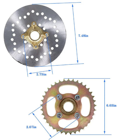 Close-up view of disc hub and sprocket from 32 Inch Live Rear Axle Kit With Disc Wheel Hub Replacement For Go Kart ATV Quad And Drift Trikes Beefy Heavy Duty Chrome Shaft Supports 500 Lbs Payload For Vertical Or Horizontal Engines And Electric Motors