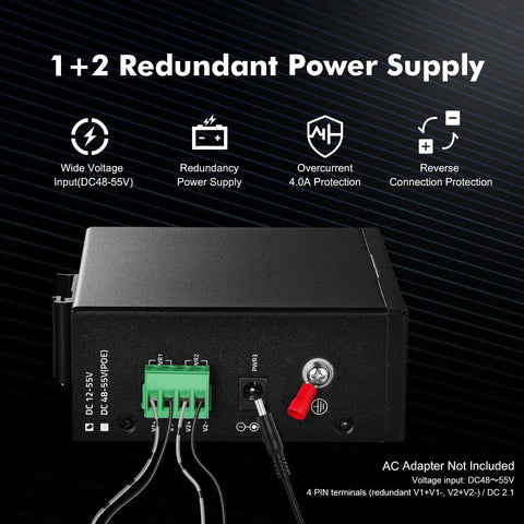 Heavy Duty PoE Switch With Eight PoE Plus Ports And One Gigabit Uplink 10 100 Mbps Per PoE Port 1 Gigabit Ethernet And 1 SFP Uplink VLAN Extend Mode DIN Rail And Wall Mount Supports IEEE 802 3af And At 30 W Per Port showing rear power connections and specifications