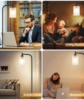 Office and living room settings with gold floor lamp tall standing light with clear glass shade for living room and bedroom.
