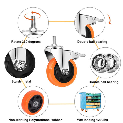Heavy Duty Stem Casters Swivel Wheel Set With Dual Locking Brakes features 360-degree rotation and sturdy metal construction.