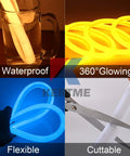 Collage of Lit 360 Degree Neon LED Light Strip 32.8ft waterproof features: glowing, cuttable, flexible in various colors