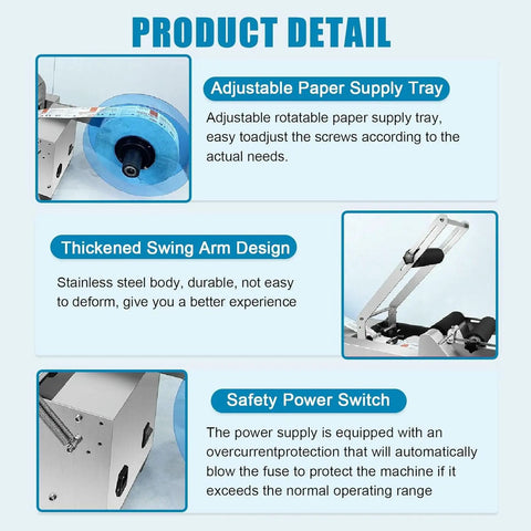 Pro Grade Semi Automatic Round Bottle Labeling Machine For Glass Pet Metal Containers showing adjustable paper supply and swing arm design.