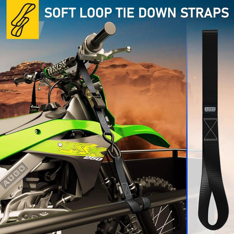 Heavy Duty Soft Loop Tie Down Straps 6 Pack 1500 Pound Working Load 4500 Pound Break Strength securing an ATV on a trailer.