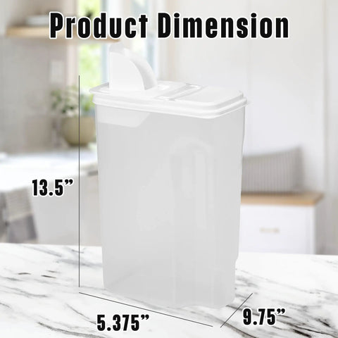 Hassle Free Eight Quart Clear Food Storage Bin With Slick Pour Spout And Grippy Handle dimensions displayed on counter.
