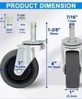 3 Inch Swivel Stem Cart Caster Replacement Wheels For Mop Buckets, 7/16 x 1-3/8 Inch Stem, TPR Rubber Wheel dimensions
