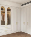Brushed Gold Cabinet Pulls 10 Pack, 5 Inch Hole Center Drawer Handles, installed on white wardrobe drawers, zinc alloy hardware