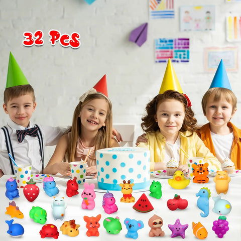 Children at a birthday party with Premium Total Knockout 32 Pack Mochi Squishy Toys Kawaii Animals on the table, colorful decorations.