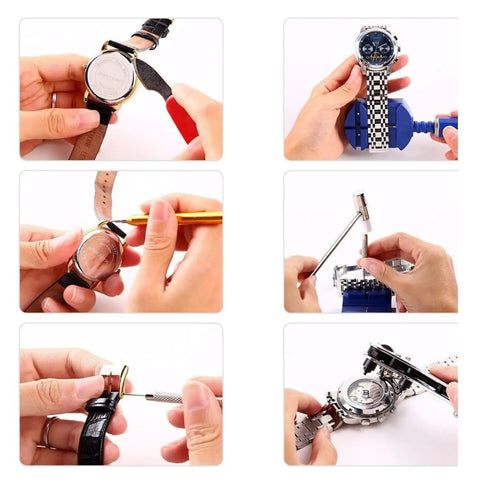 Eight Piece Watch Repair Tool Kit Featuring Link Pin Remover And Shell Opener For Go Getter Hobbyists Craving Zero Sweat Band Adjustments And Game Changing Movement Fixes in use for watch repair.