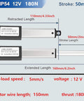 Diagram of Mini 12V Linear Actuator With 2 Inch Stroke, 180N, showing dimensions and specifications including speed and voltage.