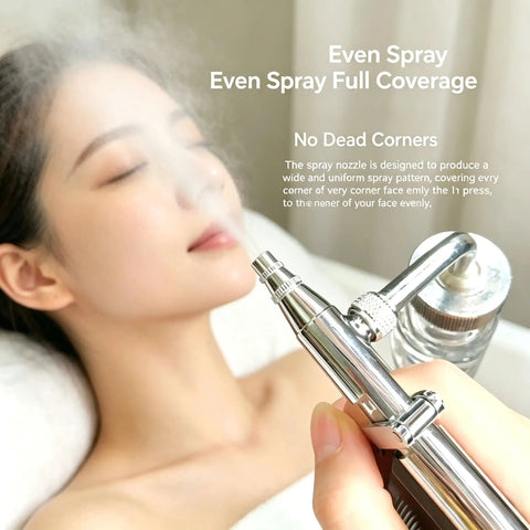Facial Oxygen Injector Spray Gun For Deep Hydration And Skin Rejuvenation atomizing mist on woman's face