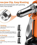 Close-up of Heavy Duty Pneumatic Rivet Gun Kit nozzle showing three-jaw clip for easy riveting and durable design.