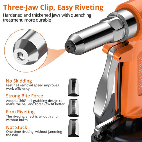 Close-up of Heavy Duty Pneumatic Rivet Gun Kit nozzle showing three-jaw clip for easy riveting and durable design.