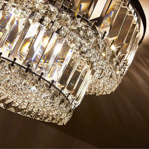 Modern Glam Crystal Raindrop Flush Mount Chandelier With Four Lights For Living Room Dining Room Bedroom Bathroom Hallway Closet Totally Chic And More D13 X H9.65 Inches Easy Install Edison Style Bulb Compatible Bulbs Not Included close-up view
