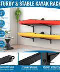 Heavy Duty Kayak Storage Rack Wall Mount For Garage Paddling Boats Hella Secure Dual Tier with red and yellow kayaks displayed.