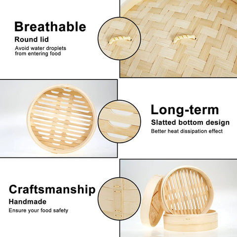 Two Tier Bamboo Food Steamer Basket For Dumplings And Fresh Seafood With No Sweat Cleanup, showing breathable lid and slatted bottom design.