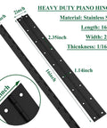 Badass Heavy Duty 16 Inch Piano Hinges 4 Pack Black Stainless Steel Continuous Door Hardware Rust Resistant Smooth Finish Built Tough Great For Home Upgrades with measurements.