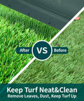 Before and after comparison of lawn turf using 3 In 1 Turf Rake For Artificial Grass And Carpet Care With Adjustable 32 To 50 Inch Steel Handle Dense Nylon Tooth Brush Head For Quick Leaf Pet Hair And Debris Removal From Lawn Turf And Indoor Surfaces.