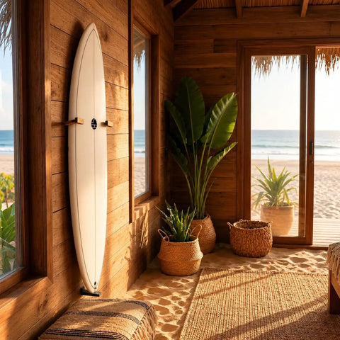 Ripper Ready Wood Surfboard Wall Mount Rack With Rotating Arms Vertical Storage Stand For Shortboards Longboards And Wakeboards in rustic beach house.