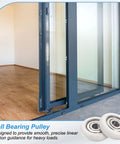 Slick Heavy Duty Nylon Track Rollers With Double Metal Sealed Ball Bearings Six Millimeter Bore 25 Millimeter Outer Diameter Four Piece Set Smooth Gliding Idler Wheels For Doors Cabinets And Home Gyms White mounted on a sliding door track.