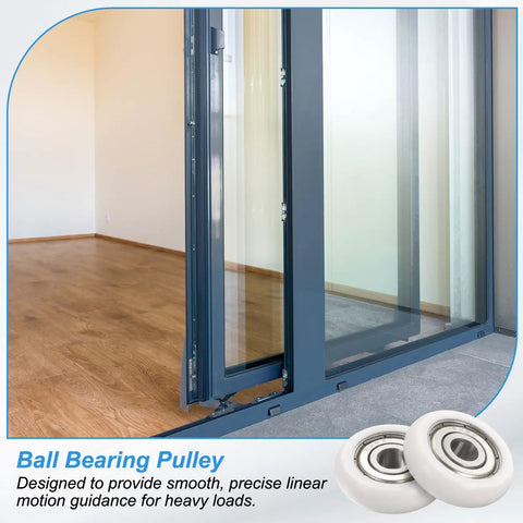 Built Tough Six Millimeter Nylon Ball Bearing Pulley Rollers 4 Pack used in a sliding door system for smooth heavy load guidance.