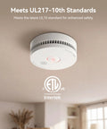 Top Shelf Photoelectric Smoke Detector With 9V Battery Operation mounted on ceiling, featuring UL217-10th certification and test indicators.