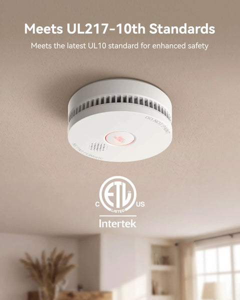 Top Shelf Photoelectric Smoke Detector With 9V Battery Operation mounted on ceiling, featuring UL217-10th certification and test indicators.