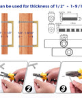 Installation diagram for Solid Five Inch Square Cabinet Handles 10 Pack Brushed Brass Drawer Pulls with measurements and tools shown.