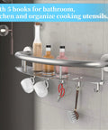 18 Inch Shower Grab Bar With Storage Shelf Brushed Nickel Stainless Steel Handicap Safety Rail with 5 hooks and shelf for organization.