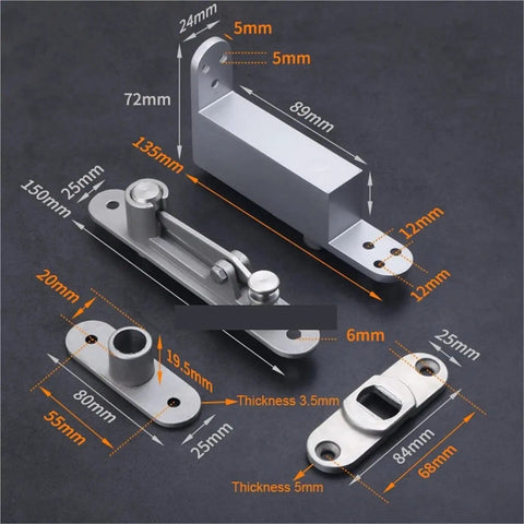 Heavy Duty Door Pivot Hinges Soft Close Feel Stealth Hidden Mount 304 Stainless Steel parts with dimensions displayed.