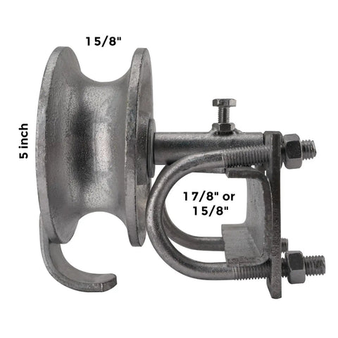 Rock Solid 5 Inch Pipe Track Wheel Rollers For Chain Link Fence Gate Track Galvanized Steel Sliding Gate Replacement Parts Double U Shape Built Tough Easy Swap Pack Of Four side view displaying size and mounting details.