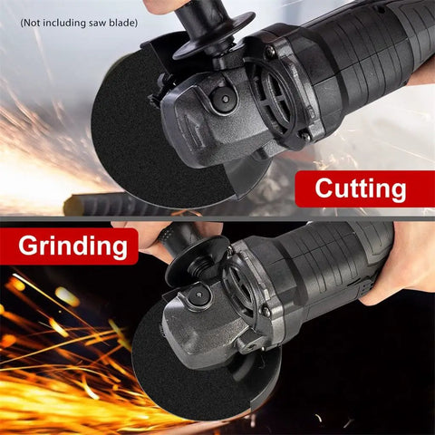 Brushless Cordless Angle Grinder in action showing cutting and grinding modes, with 100mm disc and ergonomic grip.