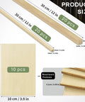 Unfinished Balsa Wood Sheets And Dowel Rods Craft Kit Handy Easy To Cut Basswood Strips And Sticks For DIY Projects 50 Pieces Of Versatile Wood Craft Supplies For Beginners To Pro Makers. Image shows product dimensions and quantity.